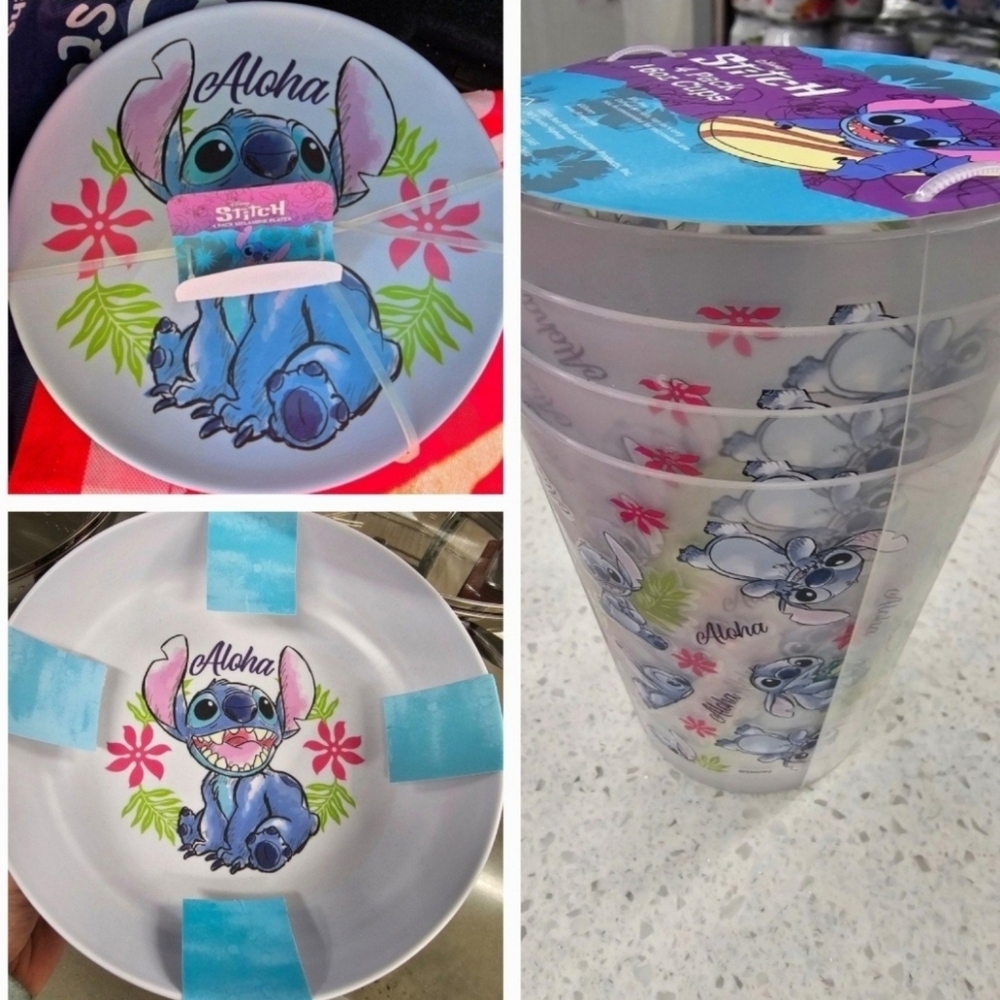 DISNEY STITCH ALOHA 12 PIECE MELAMINE 4 DINNER PLATES 4 DINNER BOWLS 4 CUPS NEW